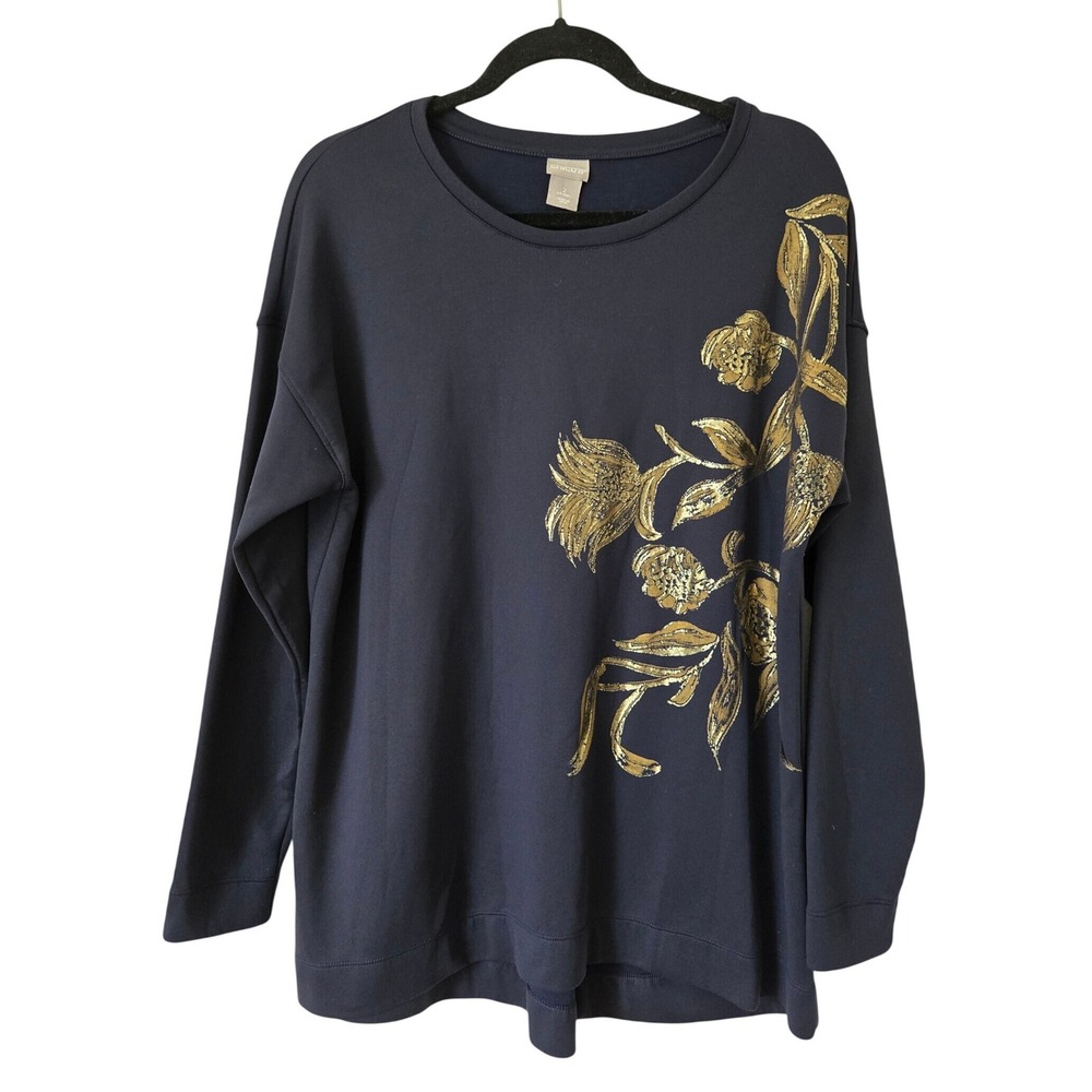 Chico's 2 Womens L Sweatshirt Navy Blue Gold Metallic Floral Detail